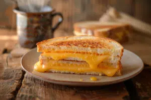 Golden air fryer grilled cheese sandwich cut in half with melted cheese stretching between slices.