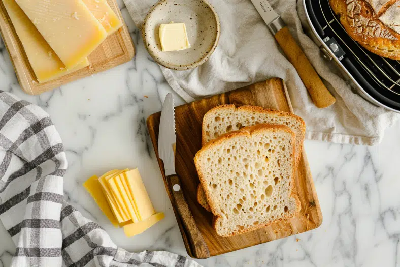 Flat lay of ingredients for making air fryer grilled cheese, including bread, cheese, butter, and air fryer basket.