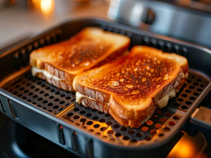 Air fryer basket with a grilled cheese sandwich toasting to golden perfection.