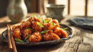 Plate of air fryer orange chicken glazed in sticky orange sauce with sesame seeds.