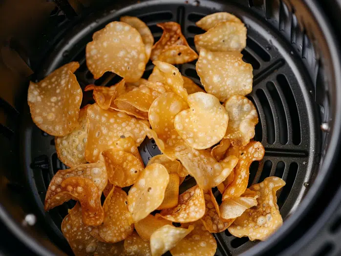 Rice paper chips cooking in air fryer at 350°F for 4-6 minutes