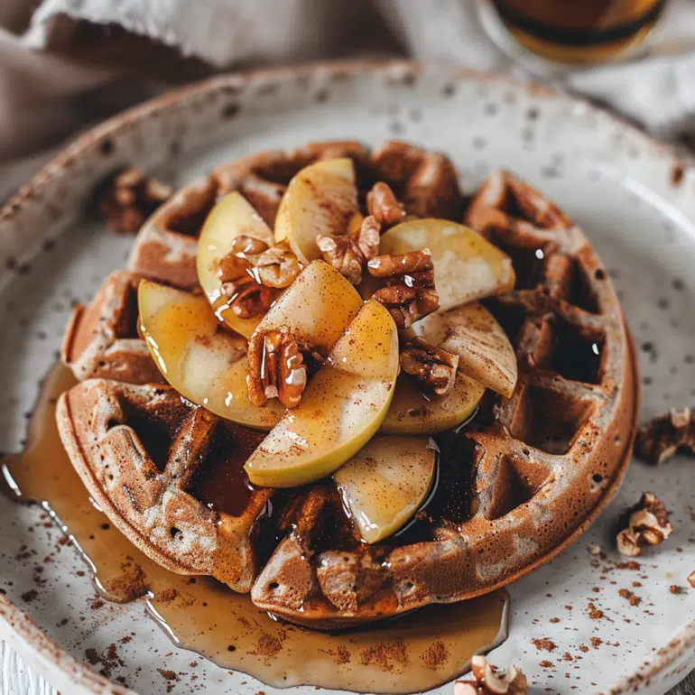 Apple spice protein waffles with sautéed apples and walnuts