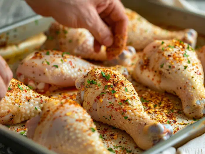Rubbing seasoning blend all over chicken drumsticks evenly