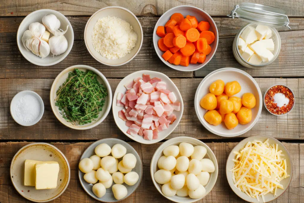 Flat lay of ingredients for Bacon Cheddar Gnocchi Soup including bacon, gnocchi, cheese, and vegetables.