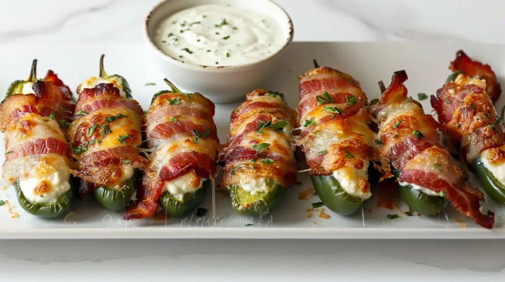Bacon-wrapped jalapeño poppers with cream cheese filling and crispy bacon on serving platter