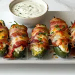 Bacon-wrapped jalapeño poppers with cream cheese filling and crispy bacon on serving platter