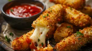 Baked mozzarella sticks with golden crispy coating and cheese pull with marinara sauce