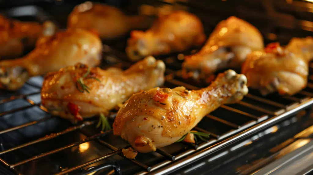 Chicken drumsticks baking in oven at 425°F for crispy skin