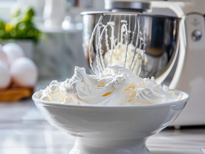 Beating egg whites to soft then stiff peaks with electric mixer