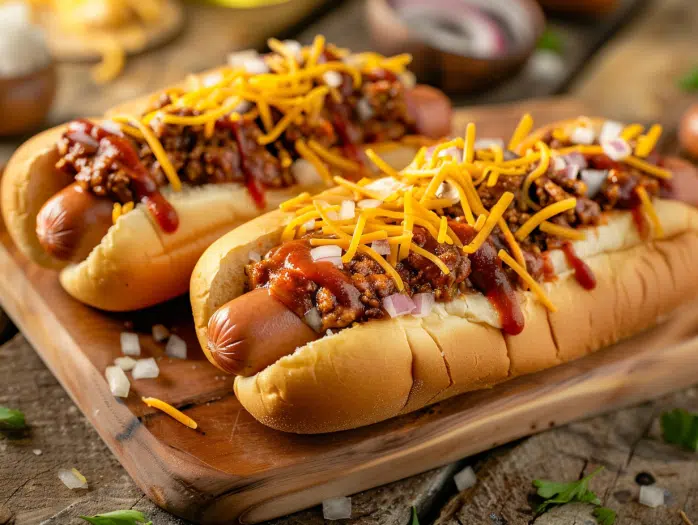 Chili dogs made with homemade beef chili and melted cheese