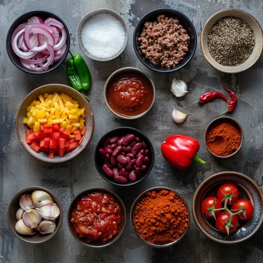 Ingredients for beef chili including ground beef, beans, tomatoes and spice