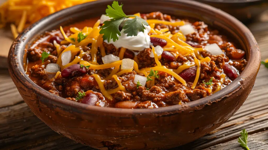 Hearty beef chili with kidney beans topped with cheese, sour cream and fresh toppings