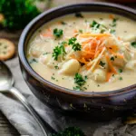bowl of creamy vegetable soup topped with chopped parsley