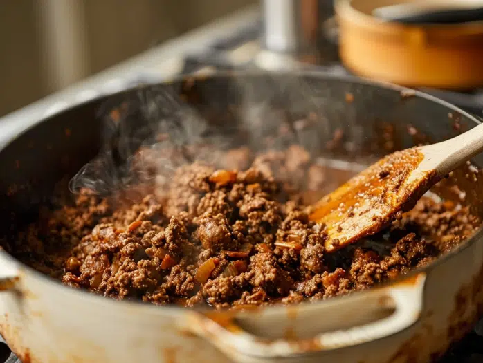 Browning ground beef until properly caramelized for beef chili