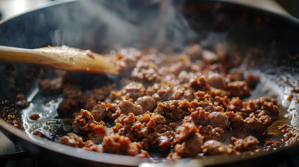 Browning ground beef and sausage together in skillet until fully cooked