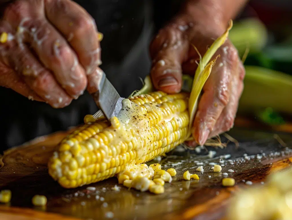 Spreading garlic butter generously over corn ear before wrapping in foil for roasting