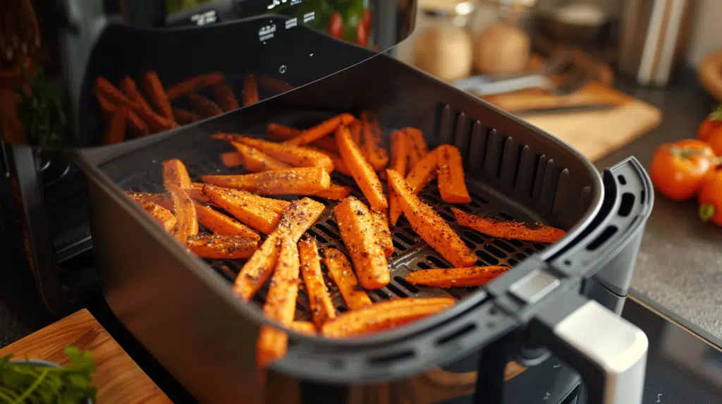Carrot fries in single layer in air fryer basket at 390 degrees for optimal crisping