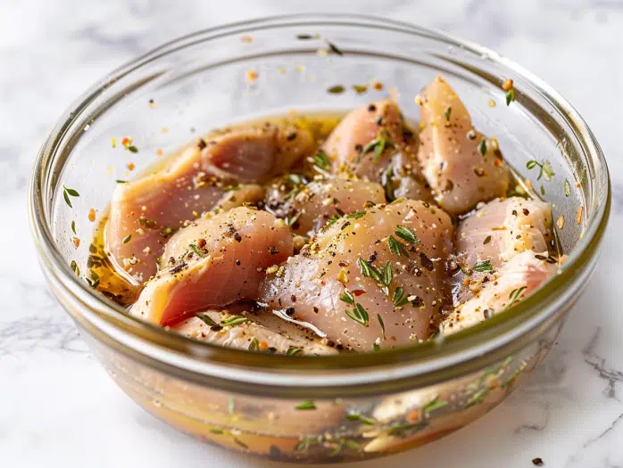 Chicken pieces marinating in seasoned buttermilk for popcorn chicken