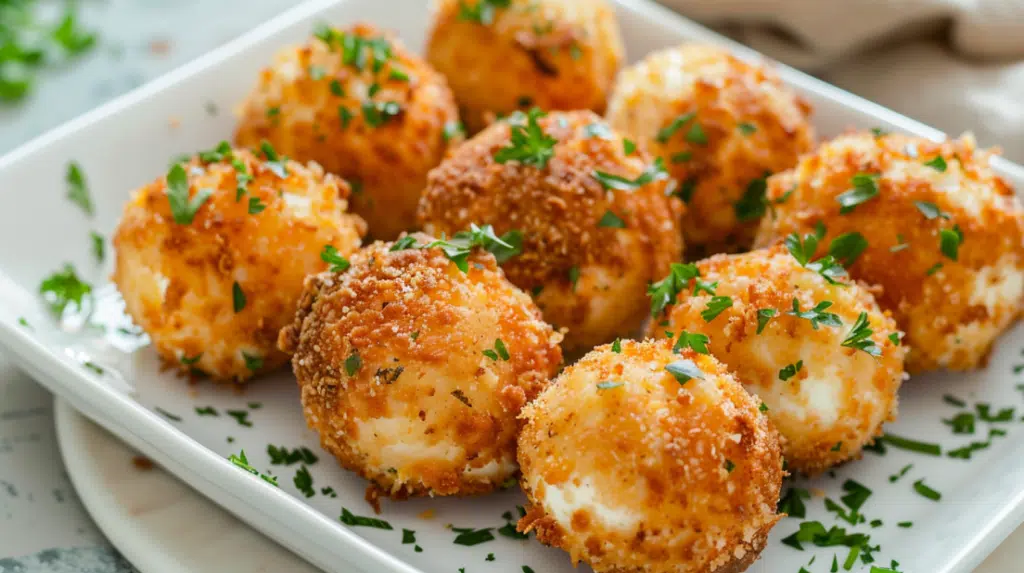 Golden brown chicken mozzarella bombs with melted cheese and parsley garnish