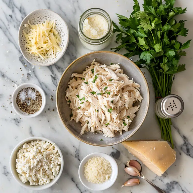 All ingredients for chicken mozzarella bombs including shredded chicken, mozzarella, cream cheese, and seasonings
