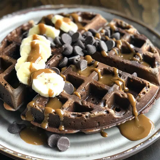 Chocolate chip protein waffles with banana and almond butter topping