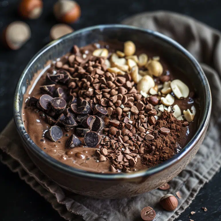Chocolate lovers' protein cereal alternative with cacao nibs and hazelnuts