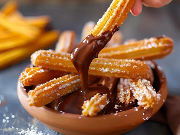Dipping cinnamon sugar churro into chocolate ganache sauce