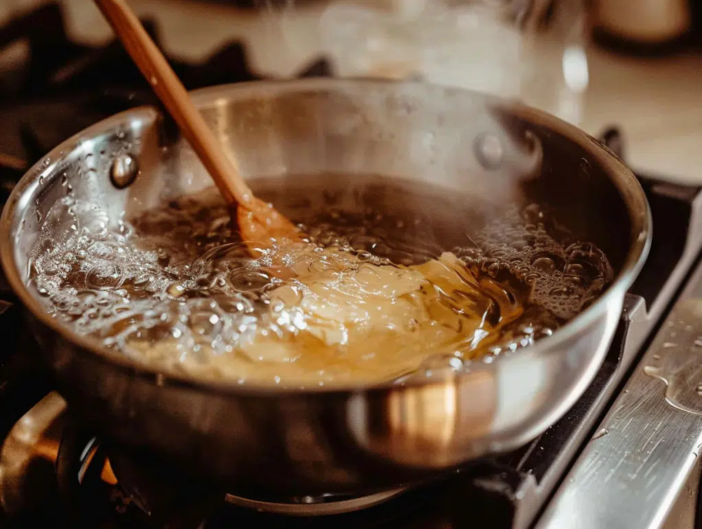 Boiling water, butter and sugar mixture for making churro dough on stovetop