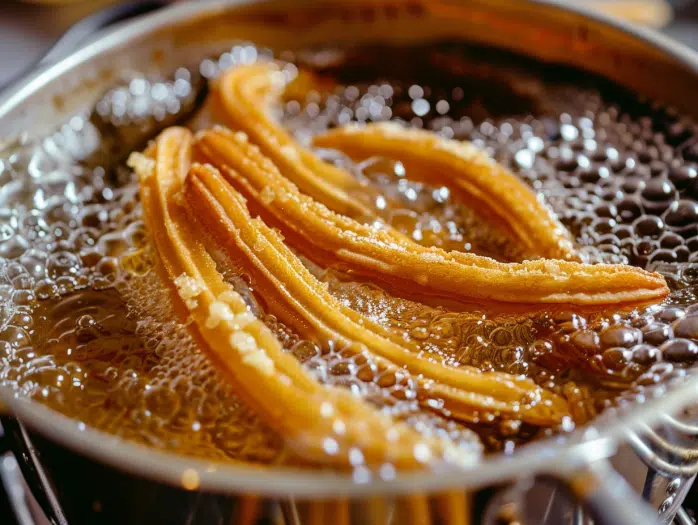 Churros frying in hot oil developing golden-brown crispy exterior