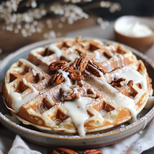 Cinnamon roll protein waffles with cream cheese glaze and pecans