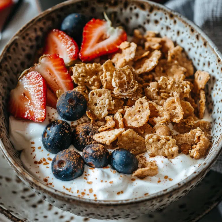 Classic cinnamon crunch protein cereal alternative with Greek yogurt and berries