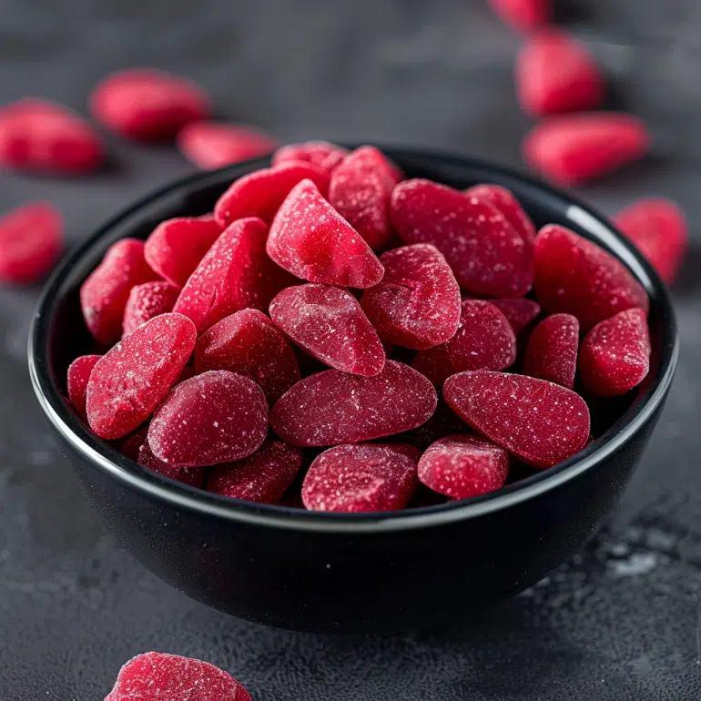 Classic red raspberry Swedish fish candy made with natural fruit juice and beet powder