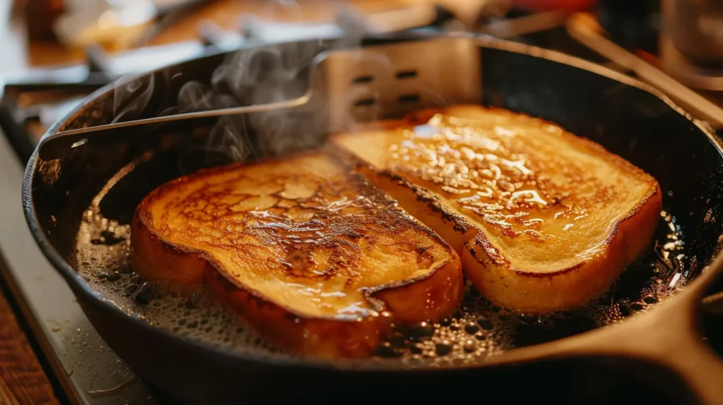 High-protein French toast cooking in buttered skillet until golden brown