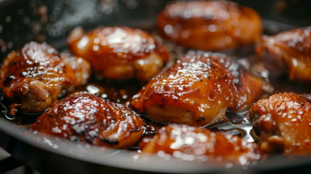 Teriyaki chicken thighs sizzling in a pan with thick caramelized sauce