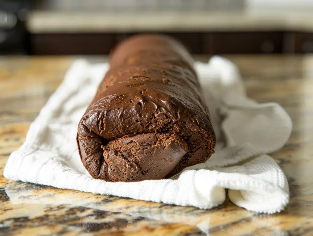 Completely cooled rolled cake in towel, shape trained for assembly