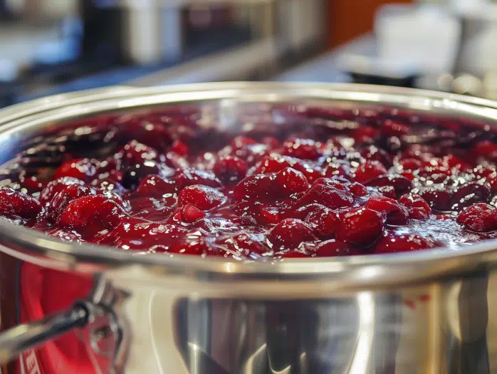 Cranberry sauce cooling and thickening in pot
