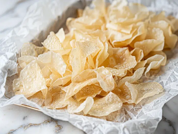 Cooked rice paper chips cooling on parchment to crisp up