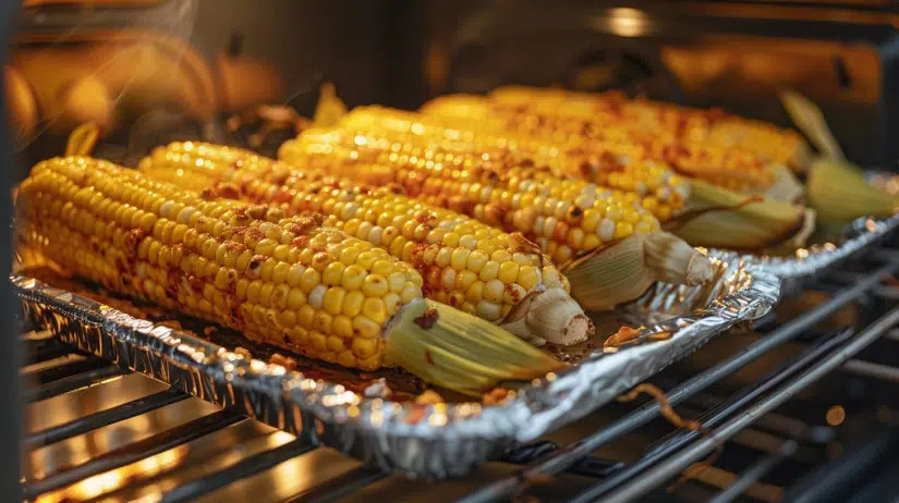 Foil-wrapped corn ears roasting directly on oven rack at 425 degrees
