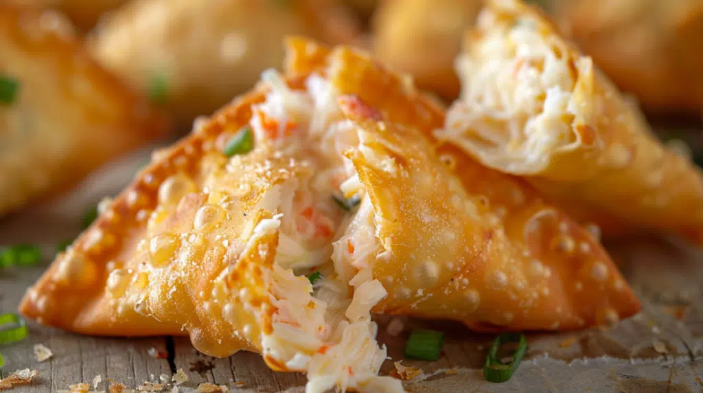 Cross-section of crab rangoon showing creamy filling inside crispy wonton wrapper