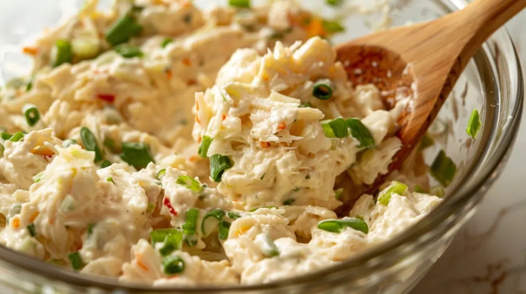 Creamy crab rangoon filling with shredded crab meat and green onions mixed together