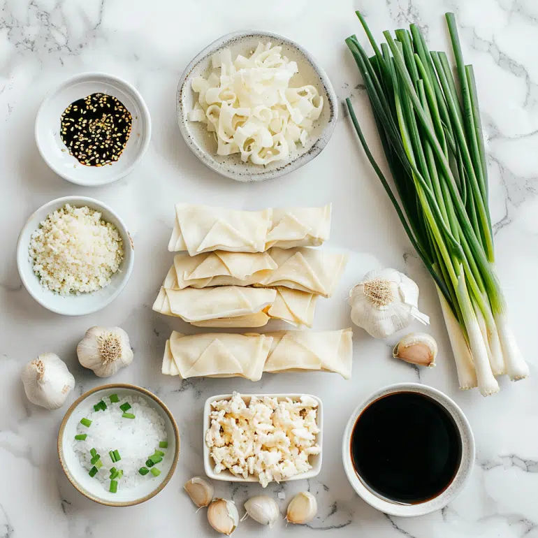 Simple ingredients for homemade crab rangoon including cream cheese, crab meat, and wonton wrappers