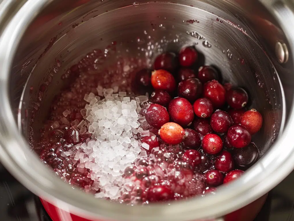 Cranberries, sugar, water and salt combined in pot before boiling