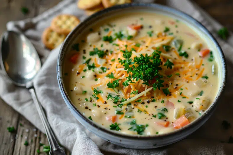 Creamy vegetable soup garnished with parsley, cheese, and oyster crackers.
