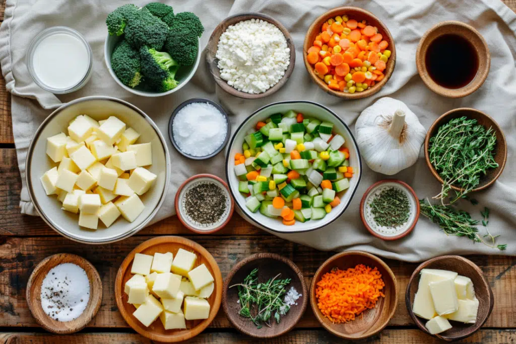Flat lay of butter, onion, carrots, celery, garlic, herbs, flour, broth, broccoli, corn, potatoes, cream, and cheddar.