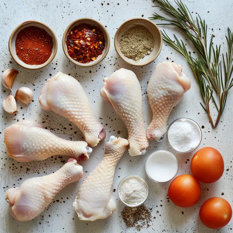 Ingredients for crispy baked chicken drumsticks including baking powder and seasonings