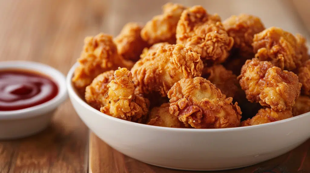Crispy golden popcorn chicken with crunchy coating in bowl with dipping sauce