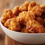 Crispy golden popcorn chicken with crunchy coating in bowl with dipping sauce