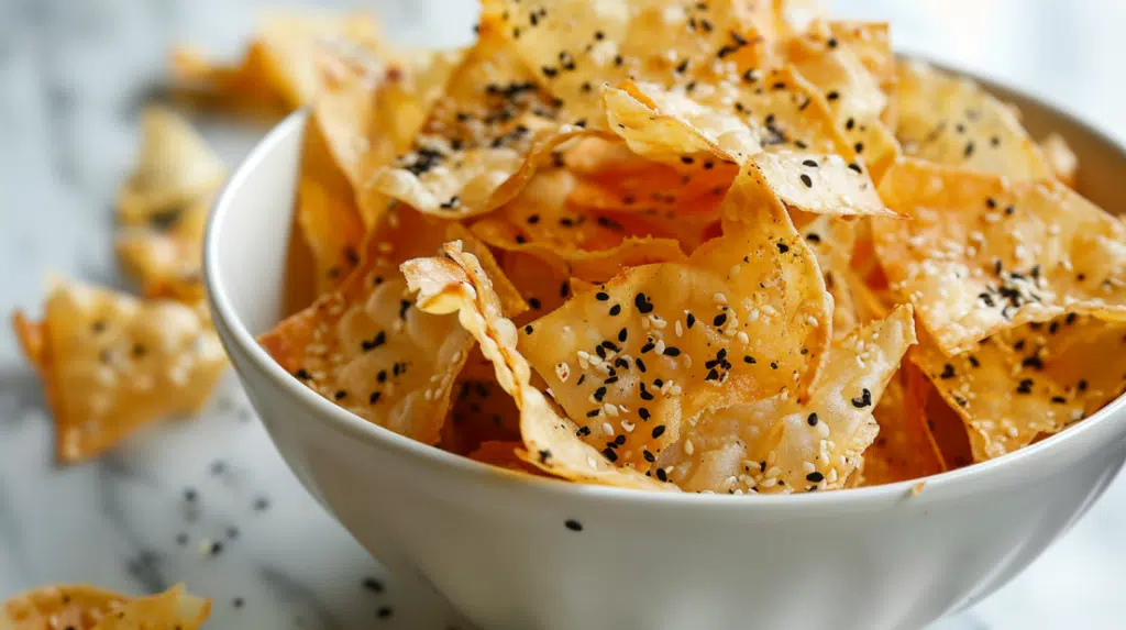 Golden crispy rice paper chips with everything bagel seasoning