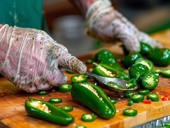 Cutting and deseeding jalapeños with gloves for safety when making poppers