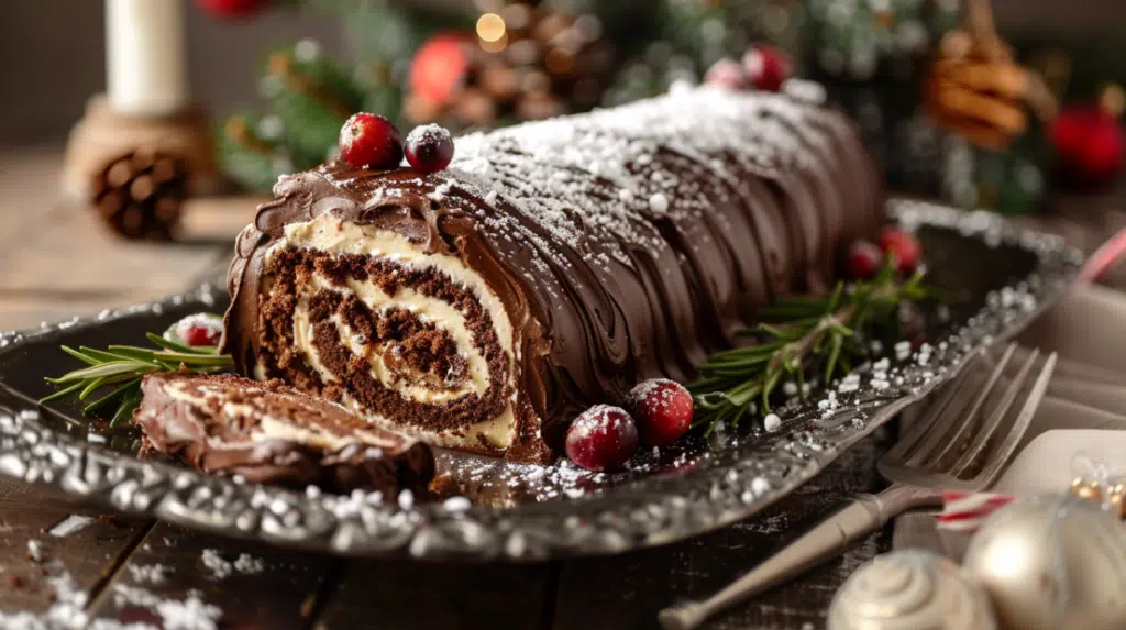 Decorated chocolate yule log cake with bark texture, rosemary and cranberry garnish